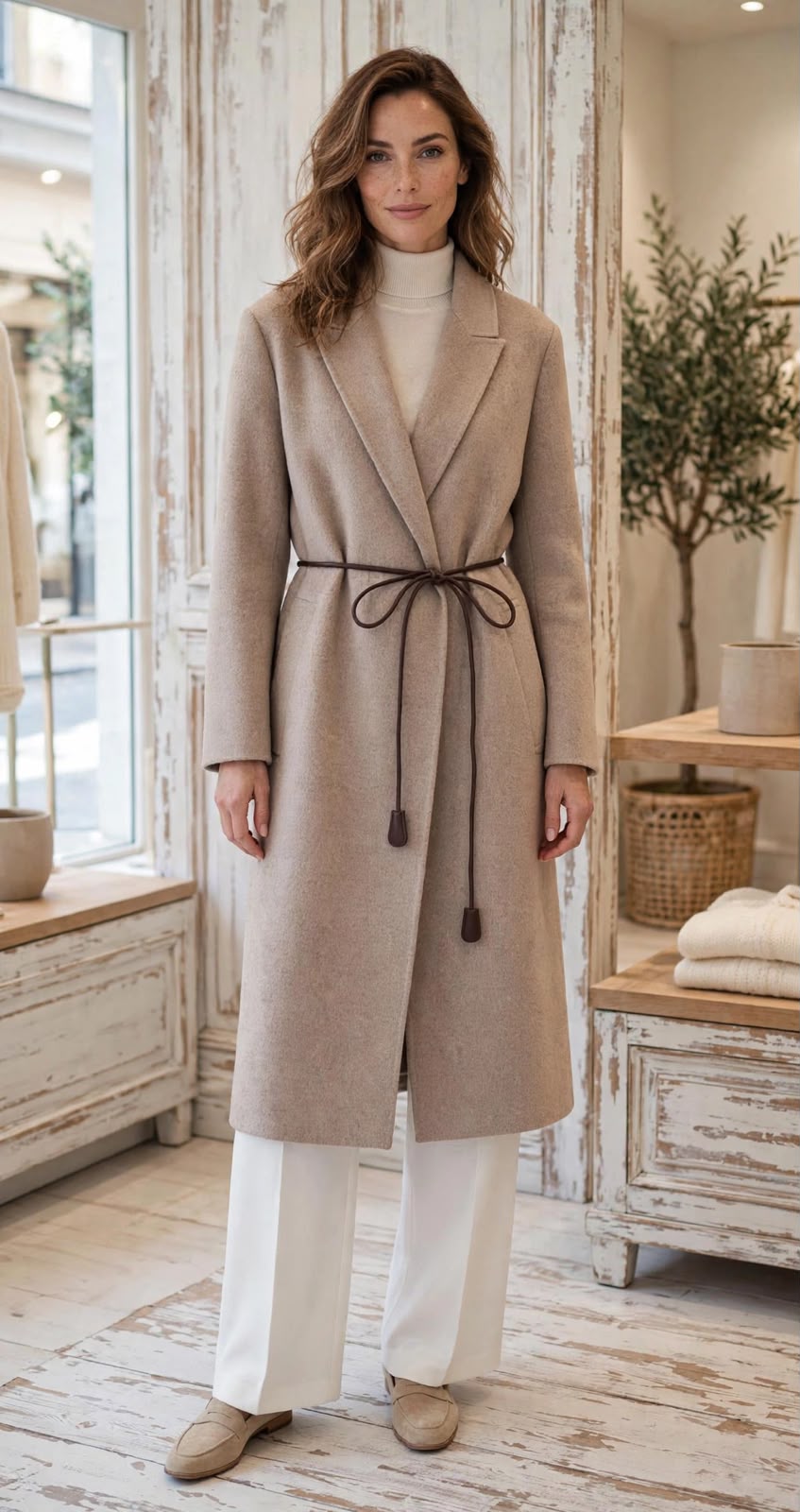Cappotto Lungo in Lana Vicolo con Cintura Sottile in Cuoio – Beige Melange