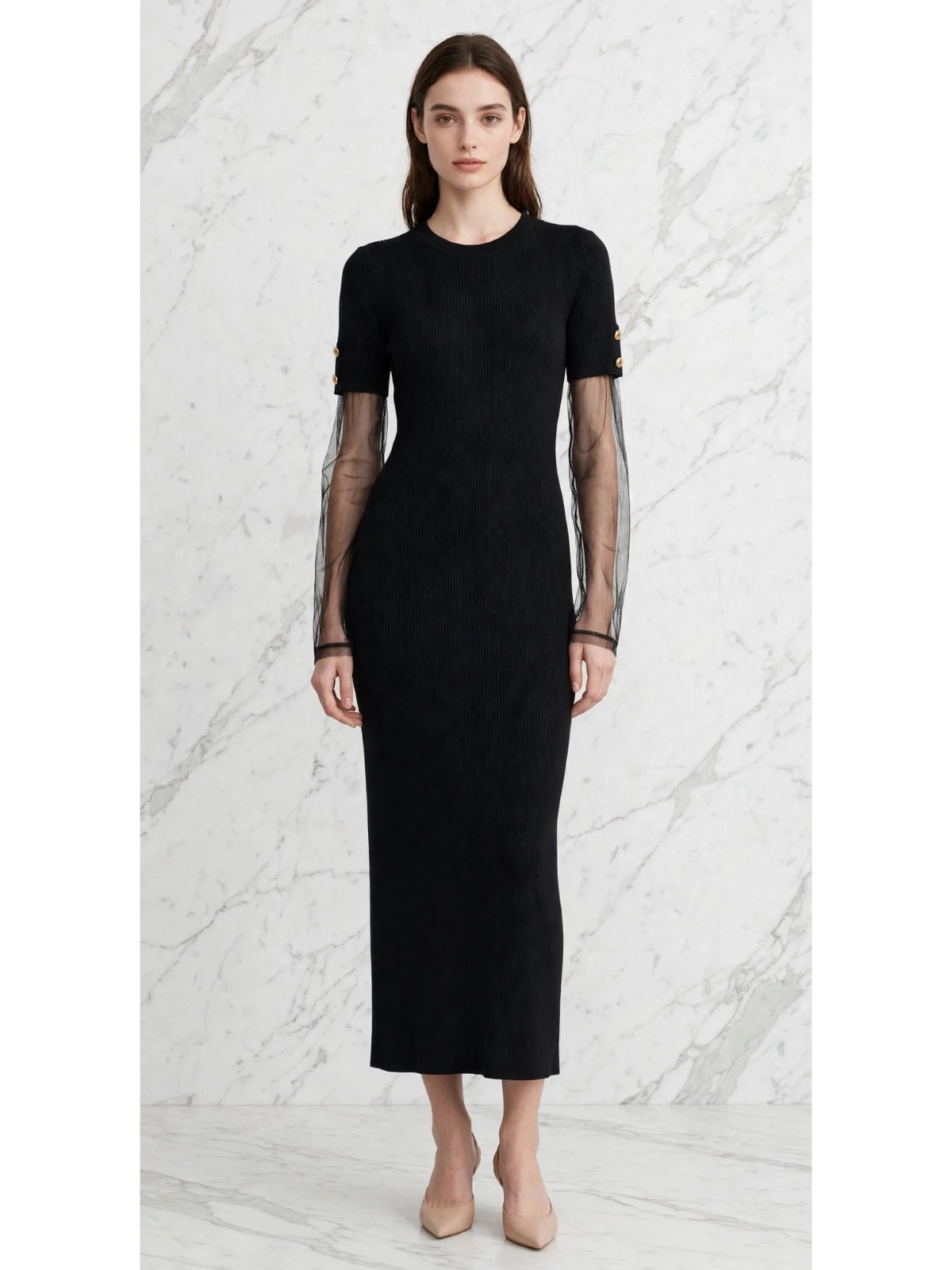 Abito Lungo a Costine con Maniche in Tulle – Nero