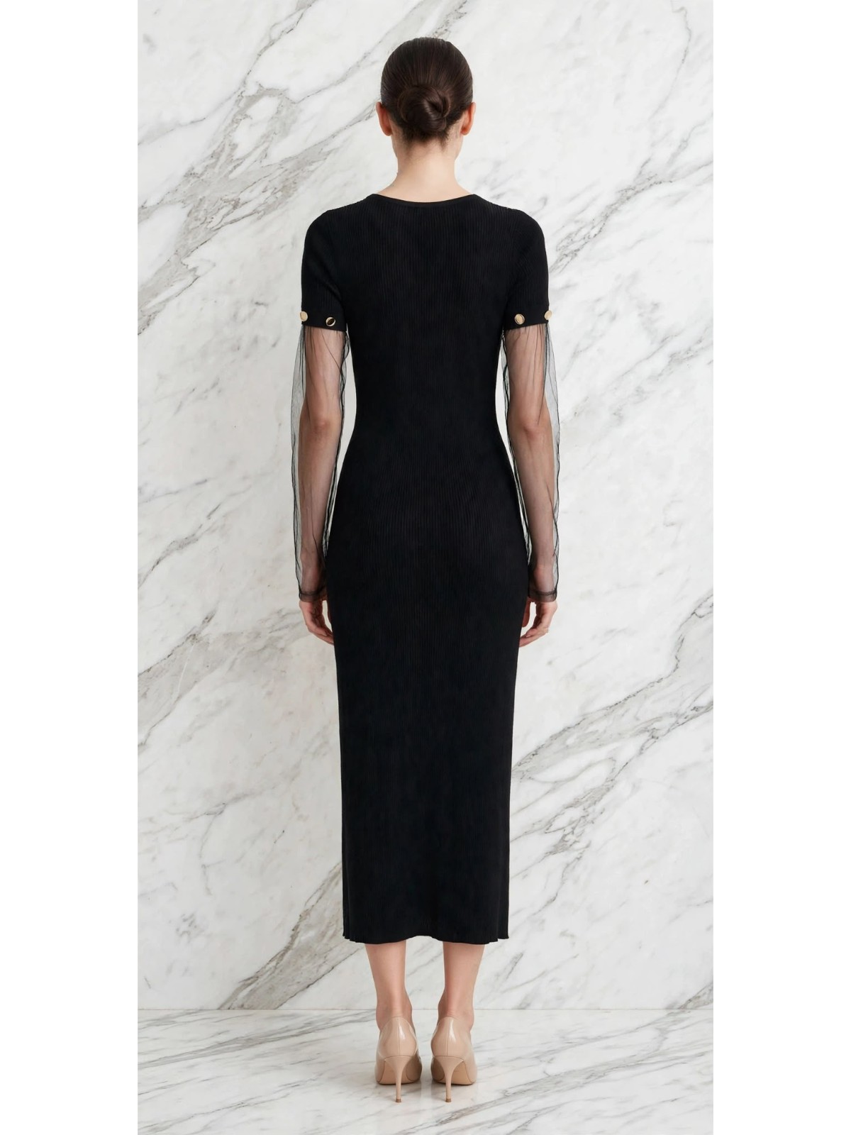 Abito Lungo a Costine con Maniche in Tulle – Nero - immagine 2