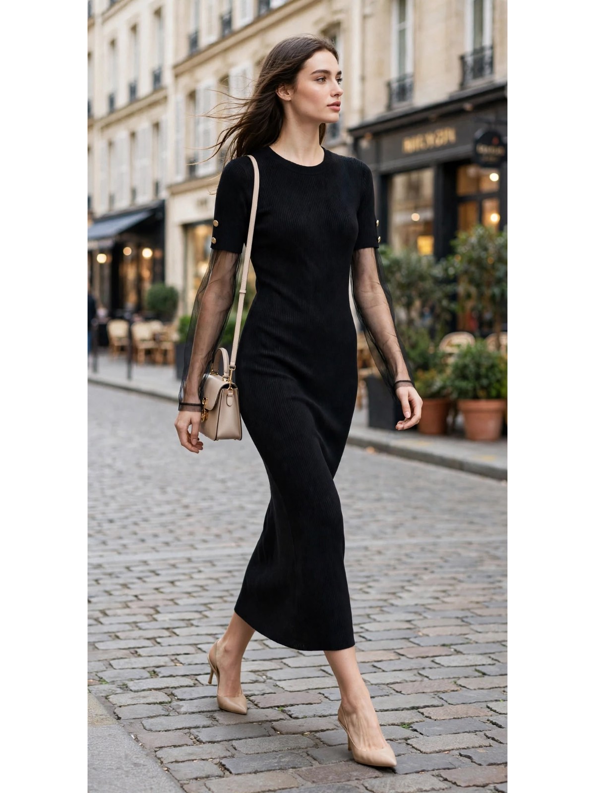 Abito Lungo a Costine con Maniche in Tulle – Nero - immagine 3