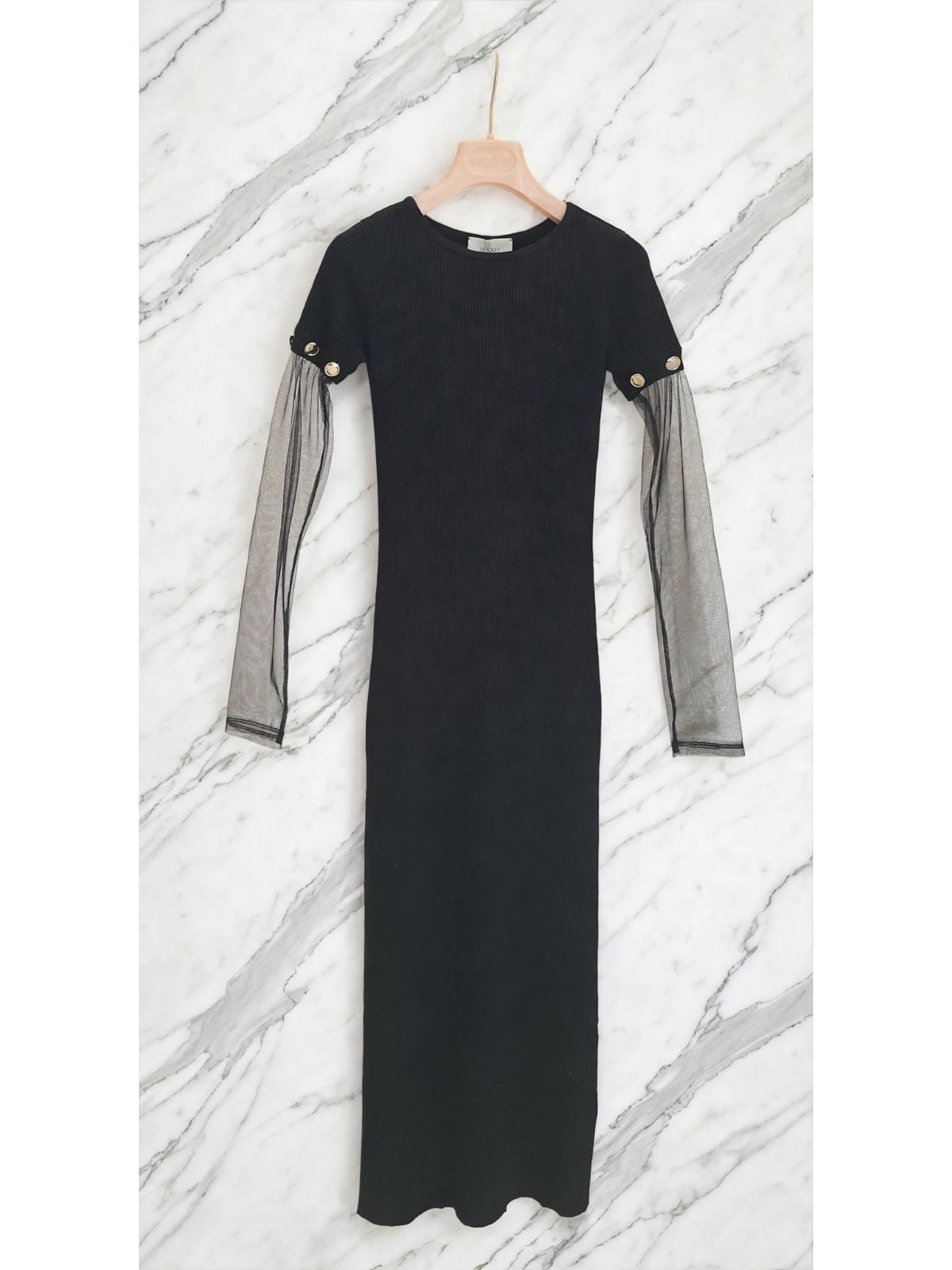 Abito Lungo a Costine con Maniche in Tulle – Nero - immagine 4