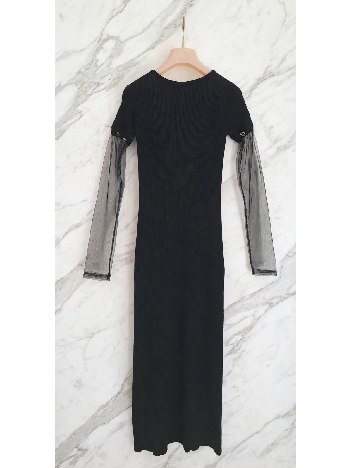 Abito Lungo a Costine con Maniche in Tulle – Nero - immagine 5